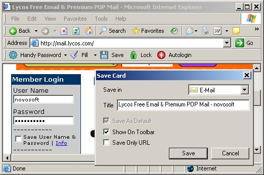 Saving Lycos mail login and password to login to Lycos mail automatically.